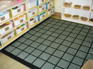 Labeled bins contain building materials for our Math Science Investigations building program.