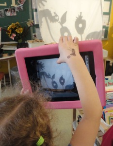 Our literacy connection for the start of this inquiry was The Very Hungry Caterpillar by Eric Carle. Here, a student records a shadow-puppet retelling of the story on the iPad.
