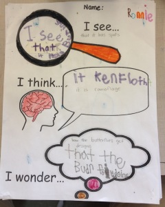 Our See, Think, Wonder graphic organizers were available throughout the entire inquiry. This one says, "I see the butterfly has spots. I think it is camouflage. I wonder how the butterflies get their designs."