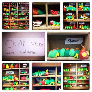 We represented each phase of the butterfly life cycle through an art piece. Here is our collaborative art piece for the caterpillar, based on Eric Carle's famous story.