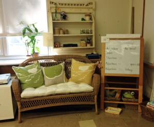 Carpet Area (with soon to be arriving carpet...). I have really enjoyed having a couch to share with the children in the class. It is a perfect spot for children to sit and share their thinking/learning with the class during reflection time, a great place to curl up with a book, and has been a comforting spot to sit amongst the pillows when students are feeling out of sorts.